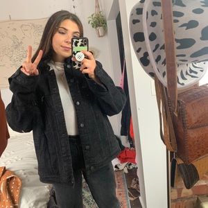 Oversized Fleece Lined Black Denim Jacket